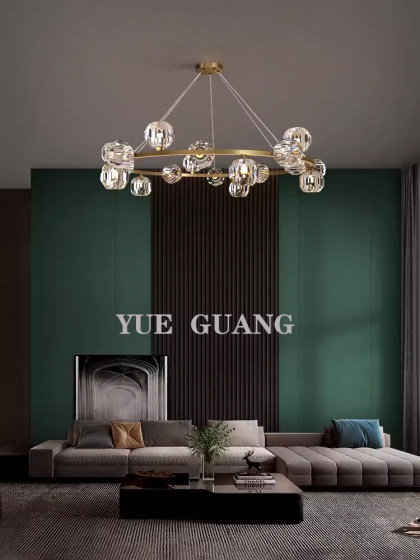 All-Copper Living Room Chandelier, Simple, Modern, Elegant, Light Luxury Crystal Dining Room Lamp, Duplex Floor Suspended Main Lighting Fixture