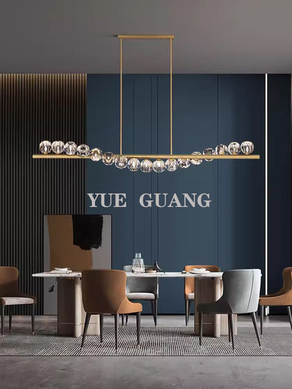 Restaurant Chandelier, Nordic Lighting, All-Copper Post-Modern Light Luxury Dining Room Lamp, Creative and Unique Long Bar Crystal Chandelier