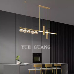 All-Copper Dining Room Chandelier, Light Luxury Lighting, Modern Minimalist Dining Table Island Lamp, Nordic Minimalist Long Crystal Lamp