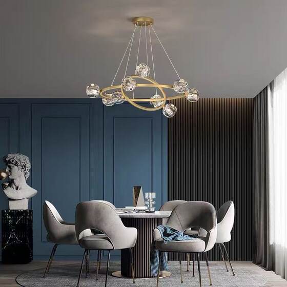 Modern Minimalist All-Copper Light Luxury Living Room Chandelier with Round Crystal Ball, Nordic High-End Trendy Bedroom and Dining Room Lighting