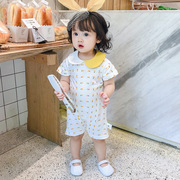 Mùa hè mới 0-3 năm nhỏ màu cam in hit búp bê phù hợp với cổ áo leo bé cũ trang phục bé jumpsuit trẻ em