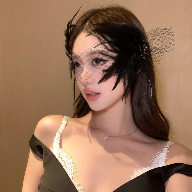 Noble Charm Feather Half-Face Veil Hairpin Halloween Cosplay Sweet Grief Angel Outfit Hair Accessory Props Dress up