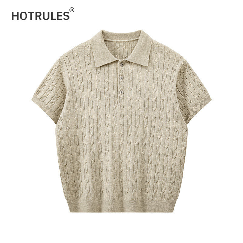 Hotrules'Twist Pattern Design' Old Money Style Knitted Polo Short Sleeve T-Shirt for Men, New Summer Style T-Shirt