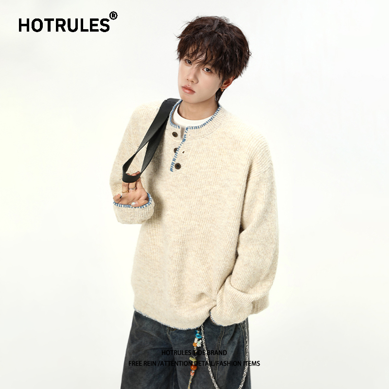Hotrules American-Style Lace Contrasting Color Henry Collar Sweater for Men 2026 Autumn and Winter New Style Lazy Style Knitwear Hotrules American-Style Lace Contrasting Color Henry Collar Sweater for Men 2026 Autumn and Winter New Style Lazy Style Knitwear
