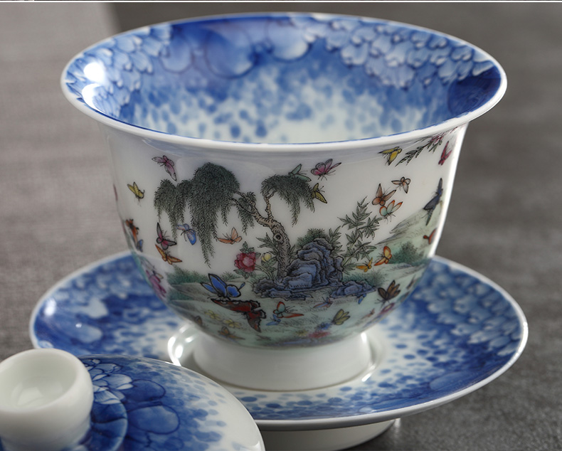 Yu ware jingdezhen blue and white only three hand - made ceramic checking 108 butterfly tureen kung fu tea set art collection