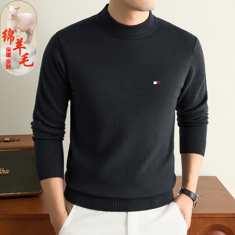 [Machine Washable Wool] American Tommy Wool Sweater for Men, Thick Autumn and Winter Versatile Sweater, Half-Turtleneck Knitwear