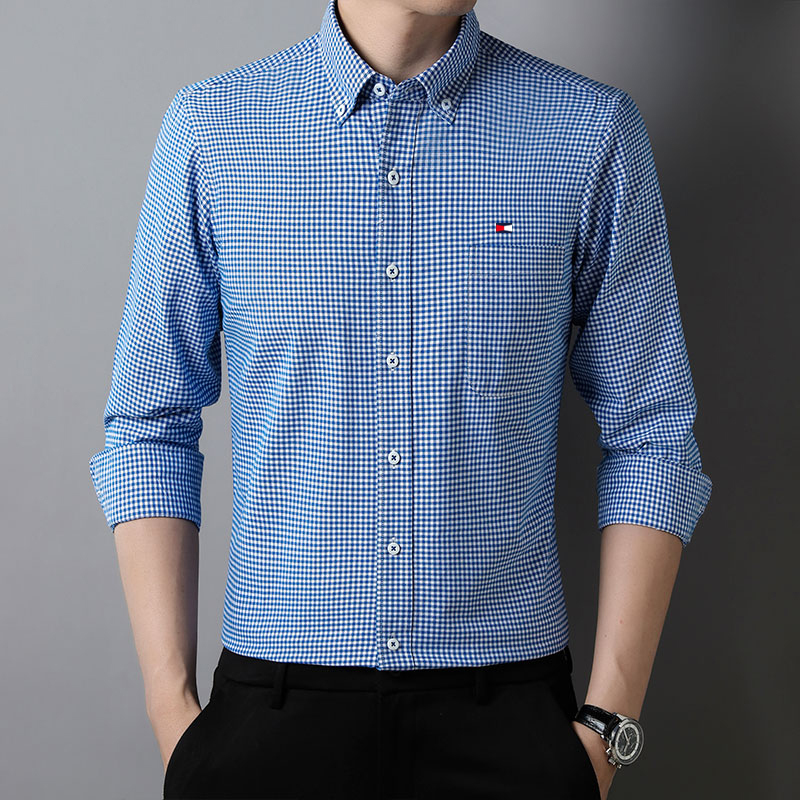 American Tommy Long-Sleeved Shirt for Men, New Spring and Autumn Houndstooth Plaid Shirt, Pure Cotton, No-Iron Top