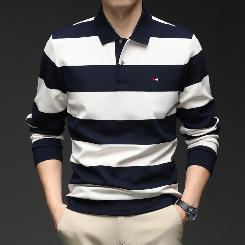 Authentic American Tommy Men's Polo Shirt Spring and Autumn 2025 New Style Turn-Down Collar Long-Sleeve T-Shirt Striped Color-Block Top