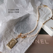 Geometric Square Pearl Necklace Mesh Red Female Tide 100 Hitch Gold Plated Square Card Long minimalist High-grade Square Sweater Chain