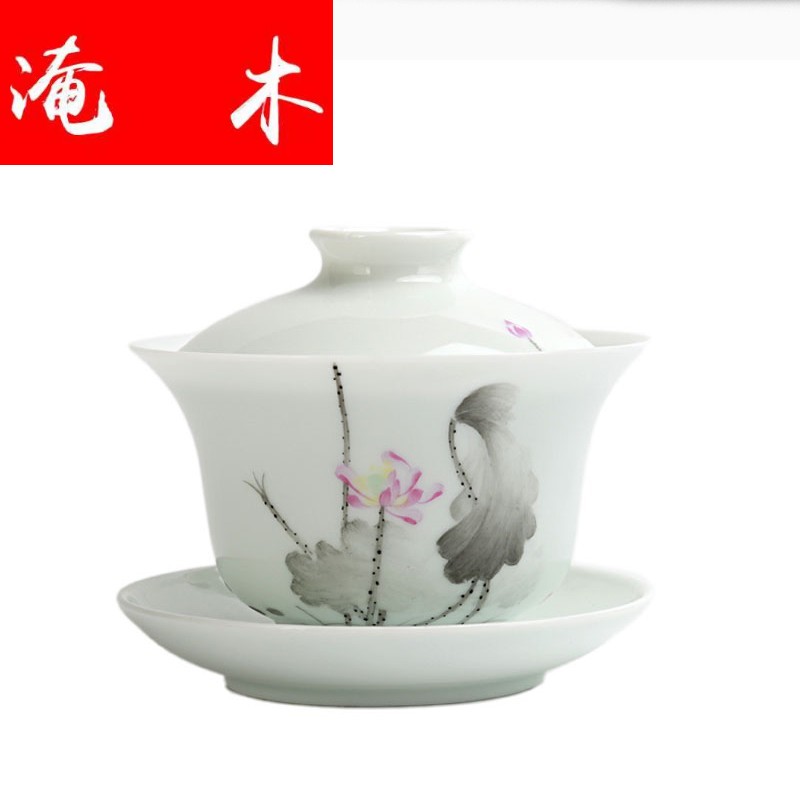 Flooded wooden household jade only three tureen tea set large mud teacups hand - made jingdezhen craftsmen bowl of tea cups