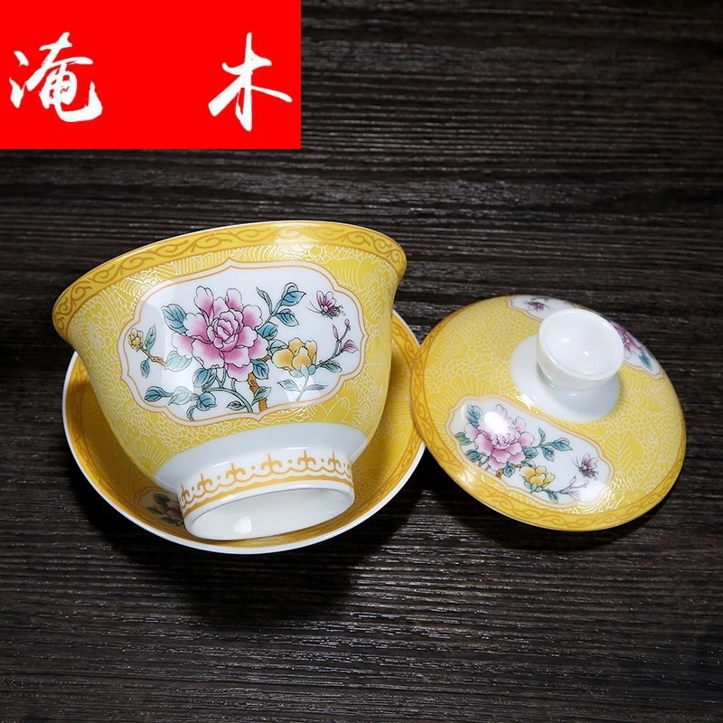 Flooded wooden pick flowers tureen large white porcelain of jingdezhen ceramics pastel colored enamel three bowl kung fu tea set