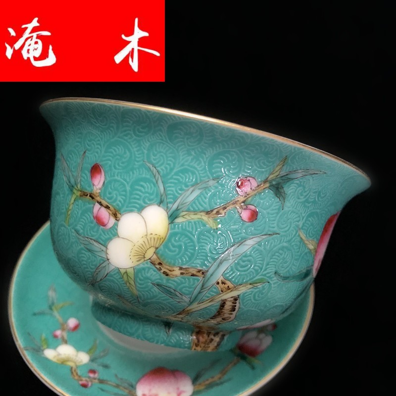 Submerged wood grilled jingdezhen manual hand - made pastel flower tea kungfu tea set peach three tureen archaize package mail