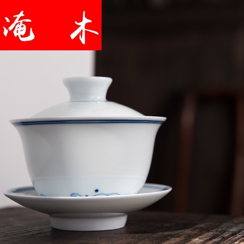 Flooded pure hand - made wooden jingdezhen tea set double blue and white porcelain tea tureen manual GaiWanCha special package mail