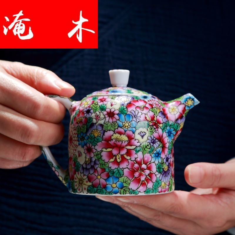 Flooded jingdezhen wood colored enamel hand - made flower is little teapot filtering household kung fu tea set ceramic tea