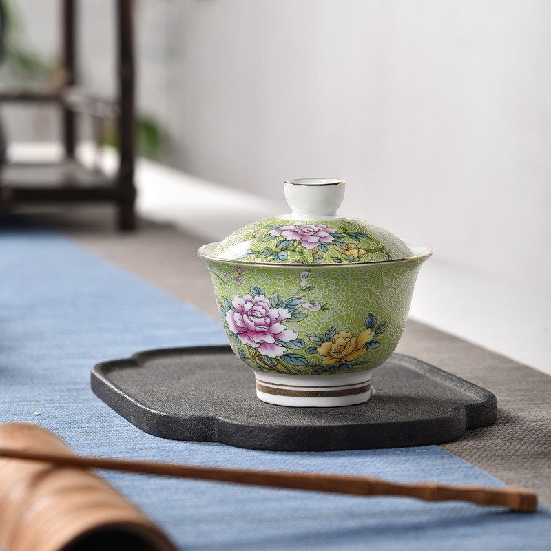 Flooded wooden pick flowers tureen large white porcelain of jingdezhen ceramics pastel colored enamel three bowl kung fu tea set
