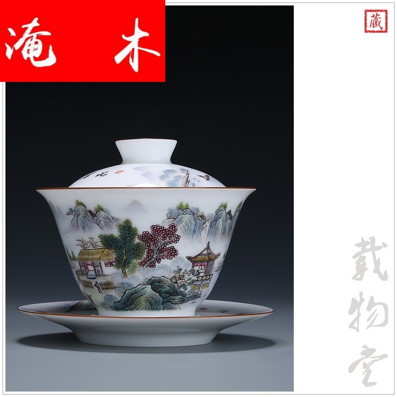 Submerged wood pastel landscape was only three bowl of jingdezhen ceramic tureen of pure manual hand - made tea bowl of tea