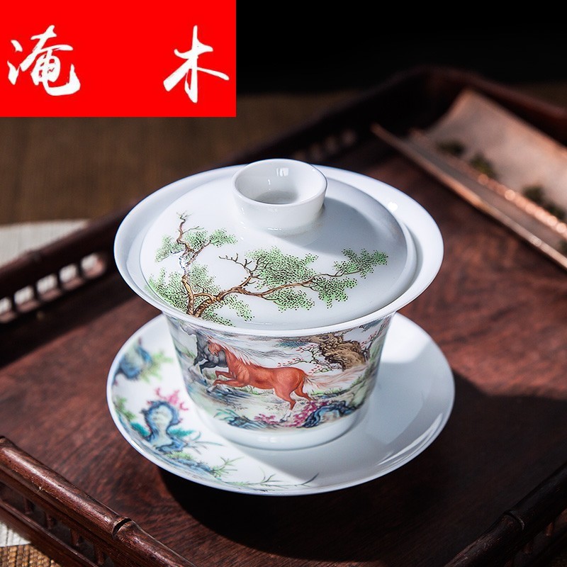 Flooded hand - made wooden jingdezhen ceramics powder enamel Ma Sancai tureen sample tea cup kung fu tea tea gift