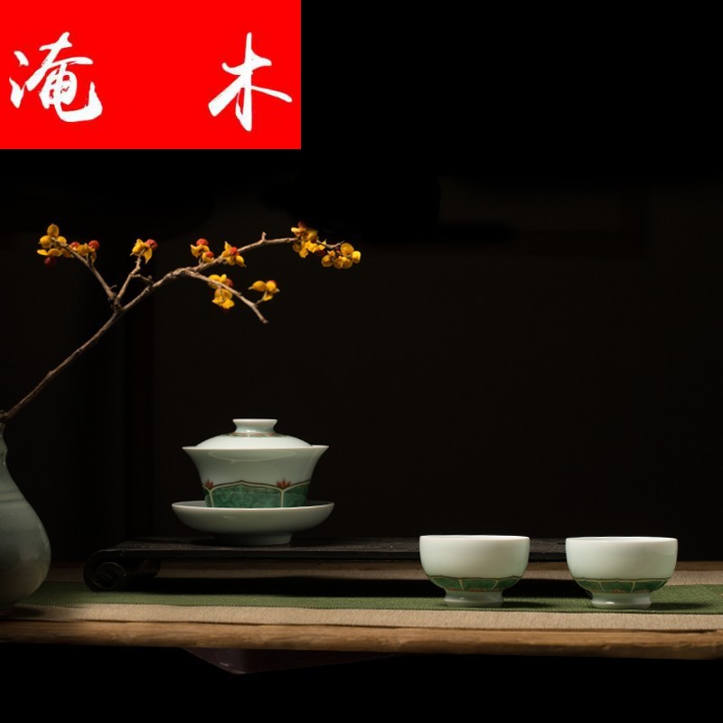 Flooded jingdezhen, lotus - shaped wood grain only three tureen hand - made colors make tea tea bowl, cover glass ceramic kung fu tea set