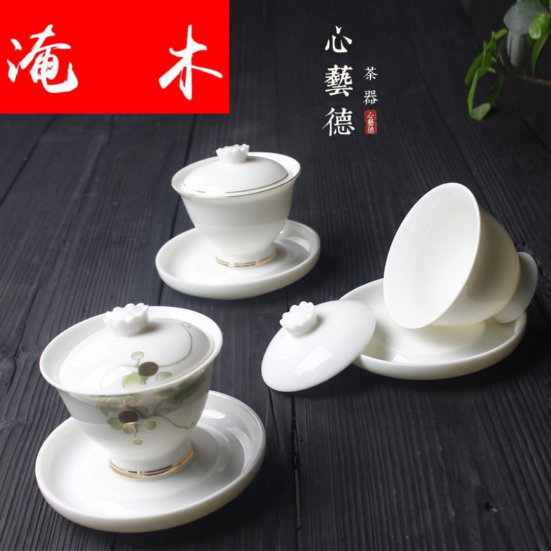 Flooded the wooden hand grasp suet jade only three tureen individual household ceramics kung fu tea set large dehua white porcelain cups