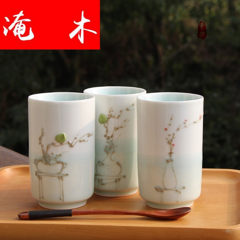 Flooded the wooden hand carved creative emboss ceramic mugs move contracted handpainted mugs picking cups of milk a cup of coffee