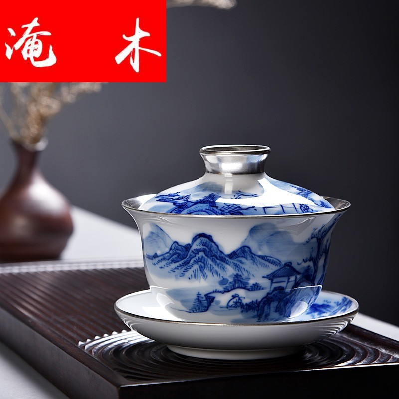 Flooded wooden household silver mine loader silver hand - made porcelain tureen large tea ware jingdezhen manual only three bowls of kongfu