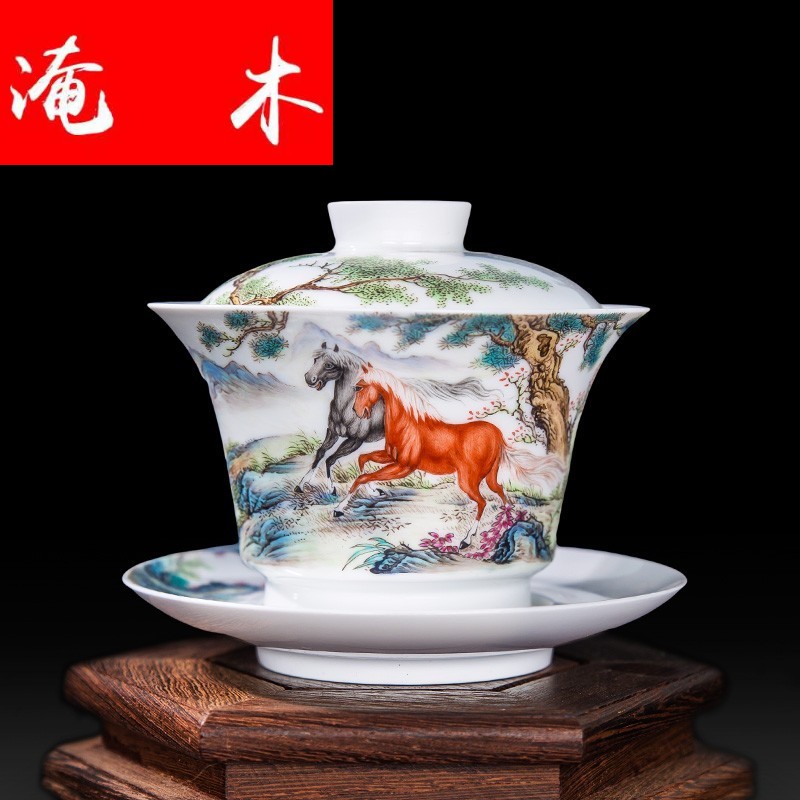 Flooded hand - made wooden jingdezhen ceramics powder enamel Ma Sancai tureen sample tea cup kung fu tea tea gift