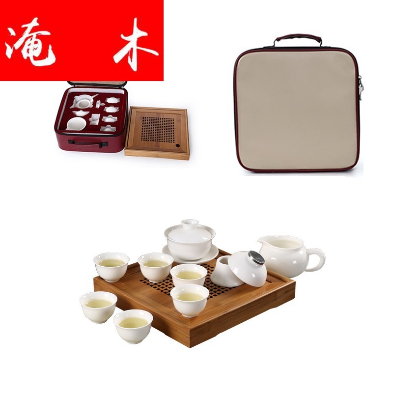 Flooded wooden Japanese dehua white porcelain tureen travel kung fu tea set 6 cups contracted high white porcelain teacup portable