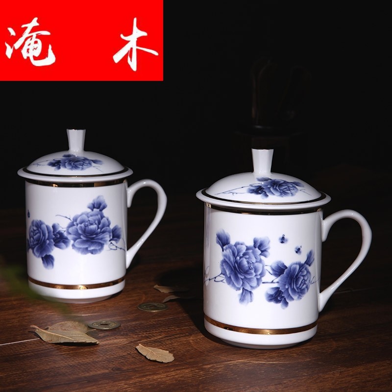 Submerged wood gold office of jingdezhen blue and white porcelain gifts ceramic cups with cover and tea cups of tea tea set with cover