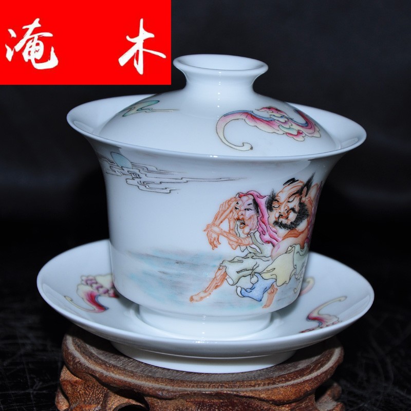 Submerged wood jingdezhen hand - made famille rose porcelain tea tureen only three cup Jin Hongxia hand bowl