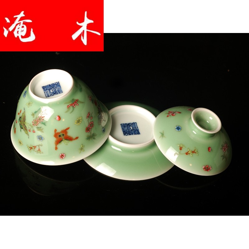 Submerged wood jingdezhen ceramic tea set hand made green glaze enamel butterfly three tureen large ceramic bowl cups worship