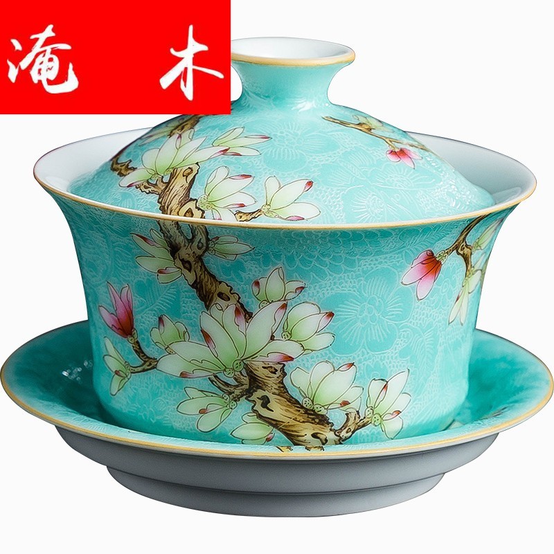 Submerged ancient jun jingdezhen wood grilled pastel flowers tureen large household hand - made cups three bowl kung fu tea set