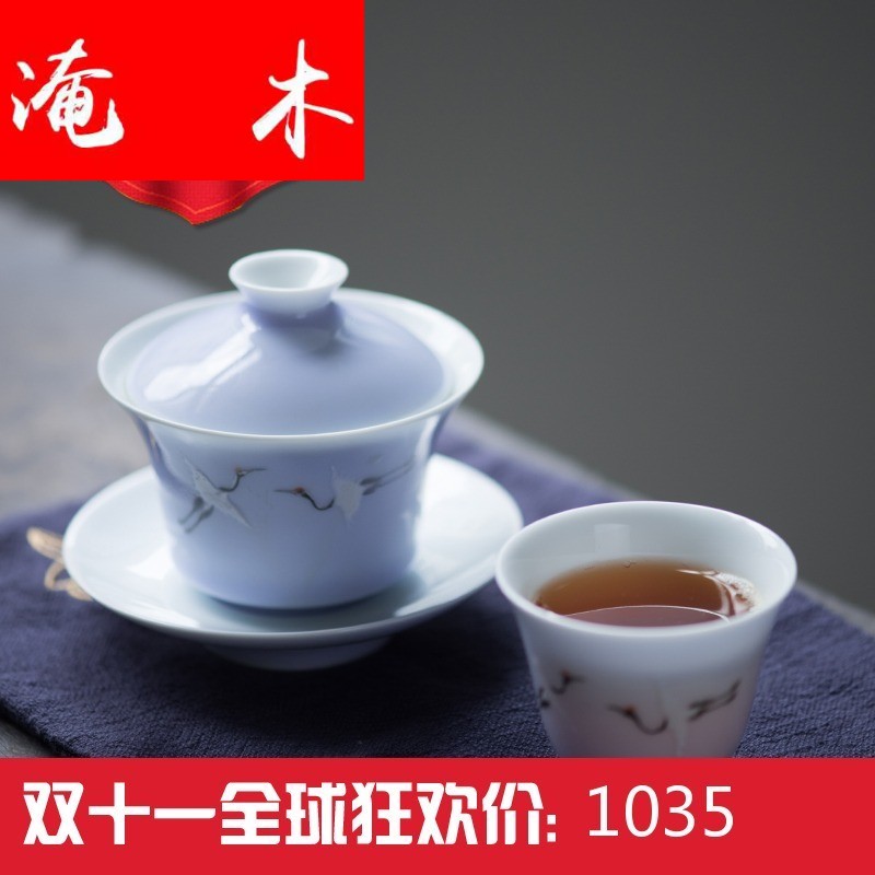 Flooded jingdezhen wood crane, color glaze tureen pure hand - made famille rose porcelain tea four - color hand - made kung fu tea set