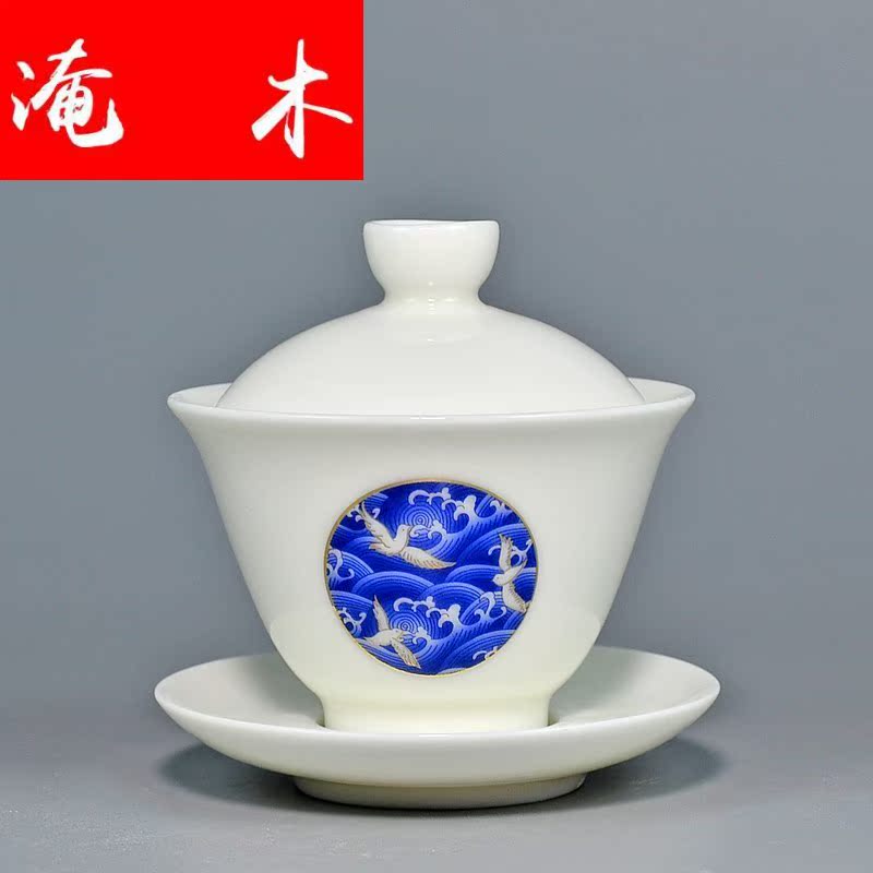 Submerged wood dehua white porcelain tureen large ceramic tea tea cups household kung fu tea set white porcelain three of the bowl