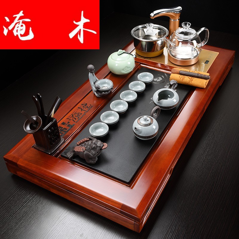 Submerged wood four unity of electric heating furnace of a complete set of automatic hua limu tea tray household kung fu tea sets ceramic tea set