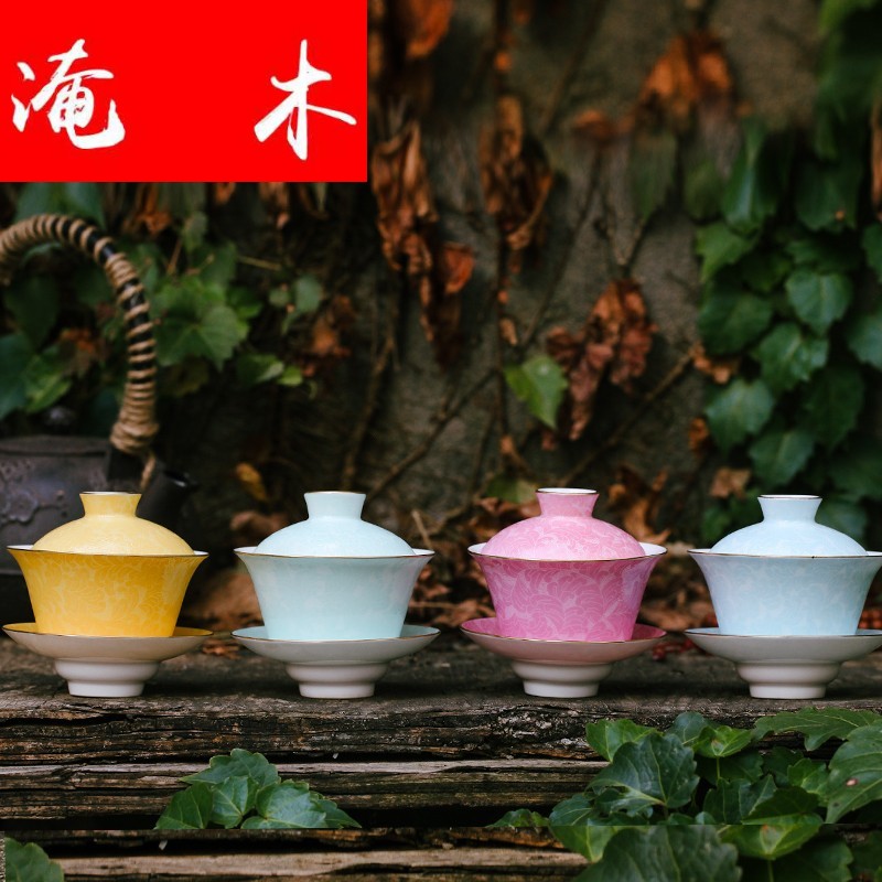 Flooded the wood post jingdezhen ceramic tea set all hand hand draw pastel paint pick flowers gradient three tureen