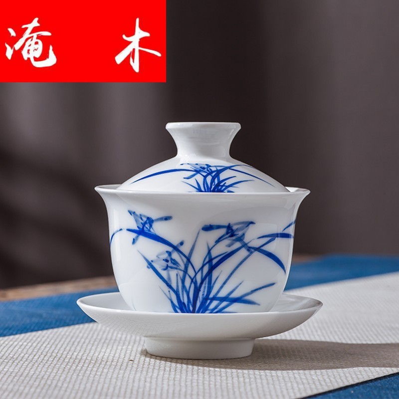 Submerged wood jingdezhen hand - made tureen kung fu tea cups of blue and white porcelain ceramic bowl large manual three bowls