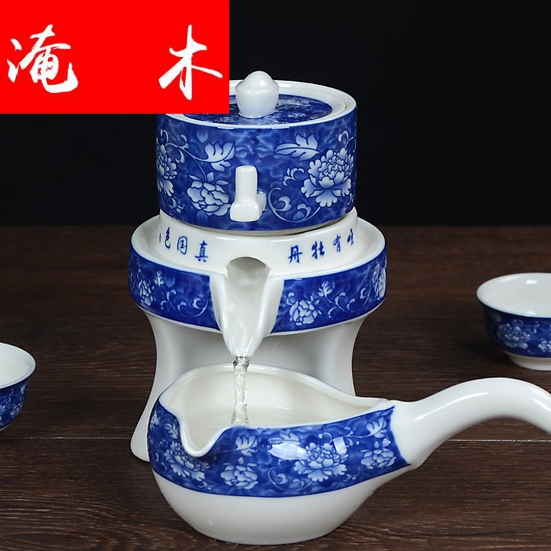 Flooded demand tree peony lazy stone mill of a complete set of kung fu tea set white ceramic blunt tea, blue and white hot semi automatic prevention