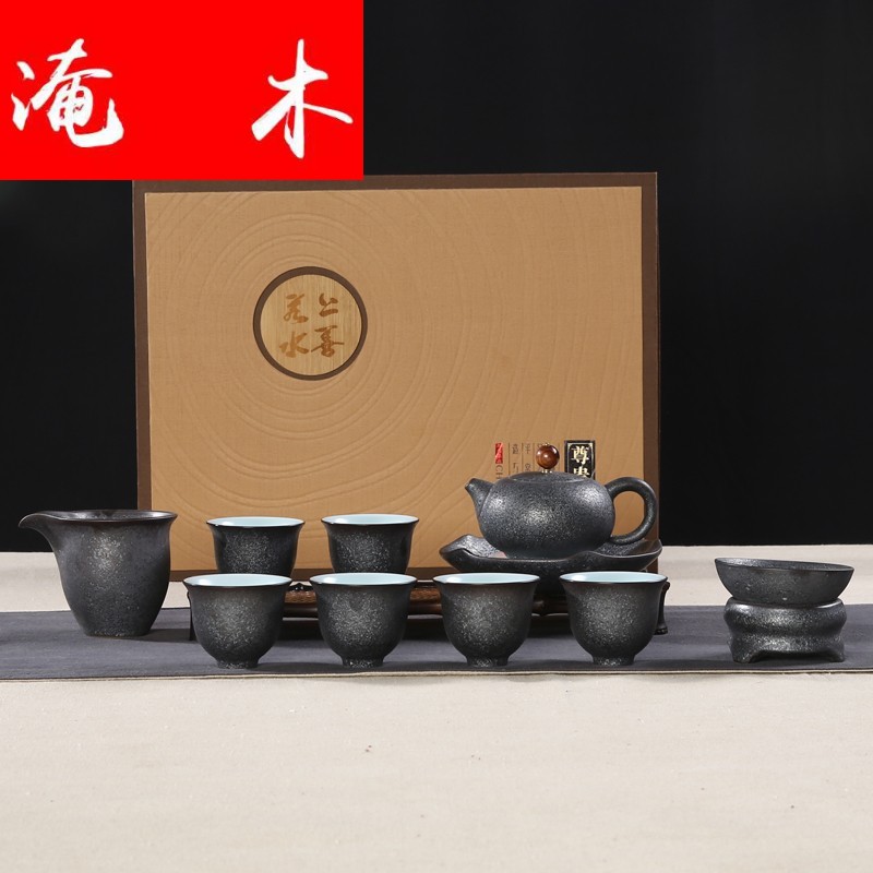 Flooded bamboo four chicken wings wood) ceramic tea set tea tray tea rust glaze of a complete set of kung fu tea set