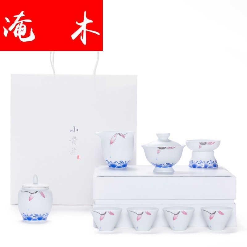 Submerged wood jingdezhen blue and white porcelain lotus rhyme tea set tea cups tureen) fair keller gift boxes logo