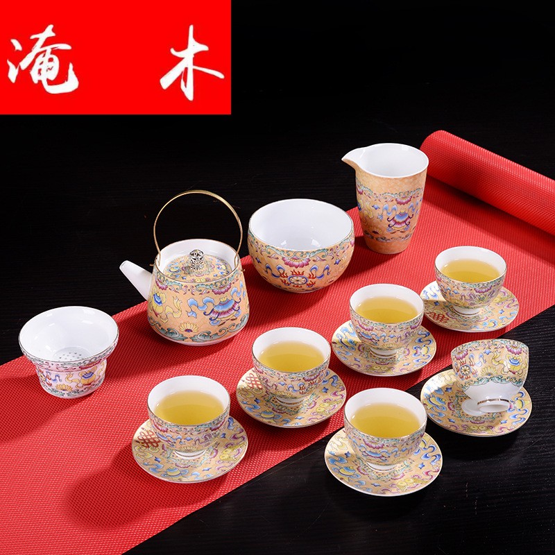 Flooded wooden tea service suit household jingdezhen colored enamel teapot teacup tureen wind restoring ancient ways of a complete set of ceramic tea