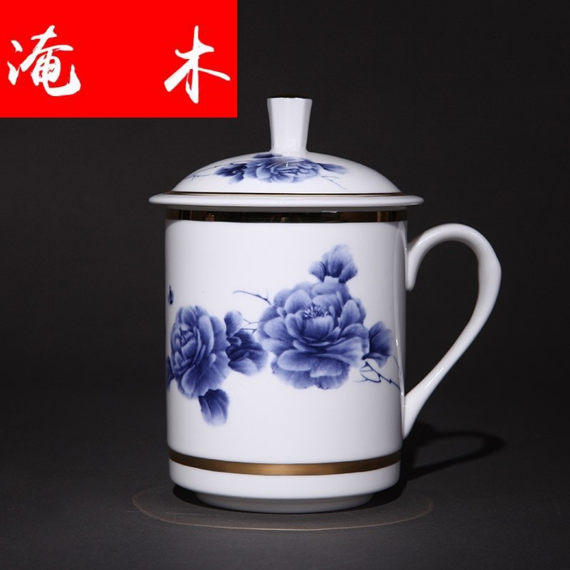 Submerged wood gold office of jingdezhen blue and white porcelain gifts ceramic cups with cover and tea cups of tea tea set with cover