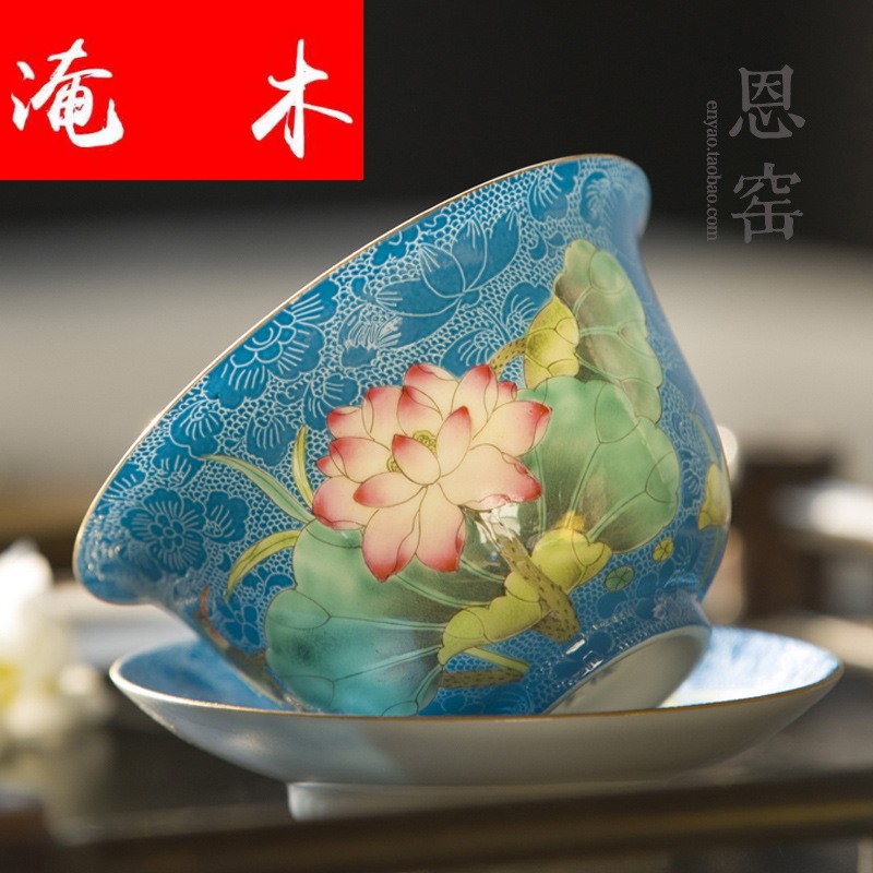 Flooded wooden pick flowers manual tureen only three cups of jingdezhen pastel way gold tea tea bowl