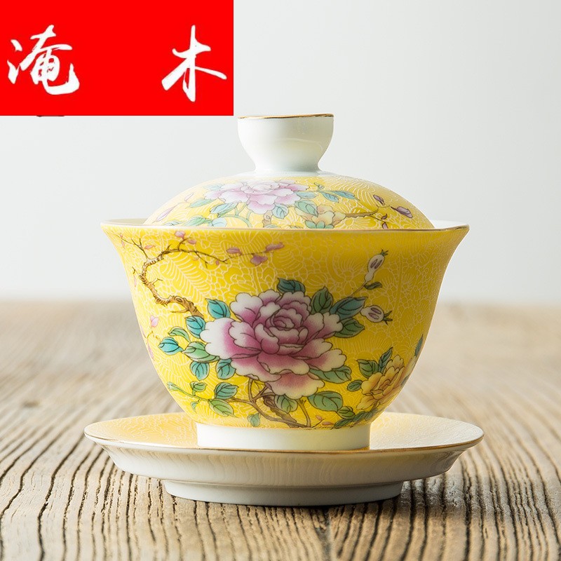 Flooded wooden pick flowers tureen large white porcelain of jingdezhen ceramics pastel colored enamel three bowl kung fu tea set