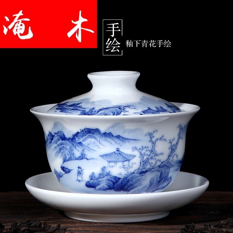 Flooded wood tureen tea cups kung fu tea set large white porcelain of jingdezhen ceramics thin foetus tea three bowl is only blue and white