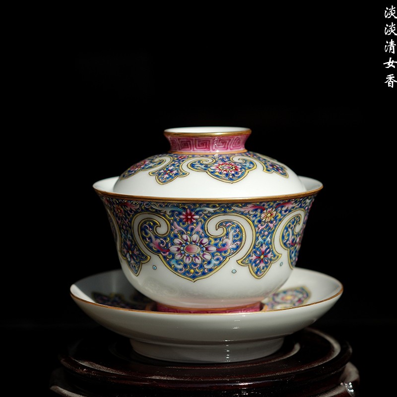 Submerged wood hand - made of high - grade flowers tureen pastel colored enamel treasure phase jingdezhen all checking ceramic tea set bowl is kung fu