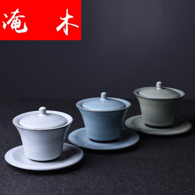 Flooded your up wood tea set large tureen open household ceramic tea cup ice crack glaze three bowl is only pure Chinese style restoring ancient ways