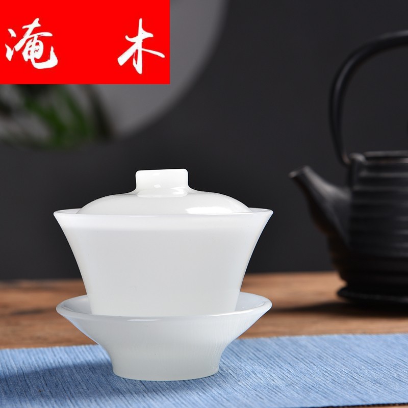 Flooded wooden household tureen with pure white jade jade porcelain kung fu tea set Chinese ceramic tea tea three tureen