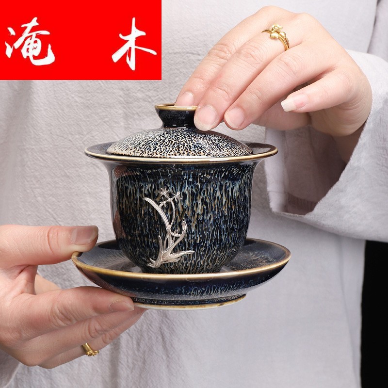 Submerged wood jingdezhen ceramic inlaid with silver GaiWanCha device only three cup tea bowl of kung fu tea accessories tea for 1