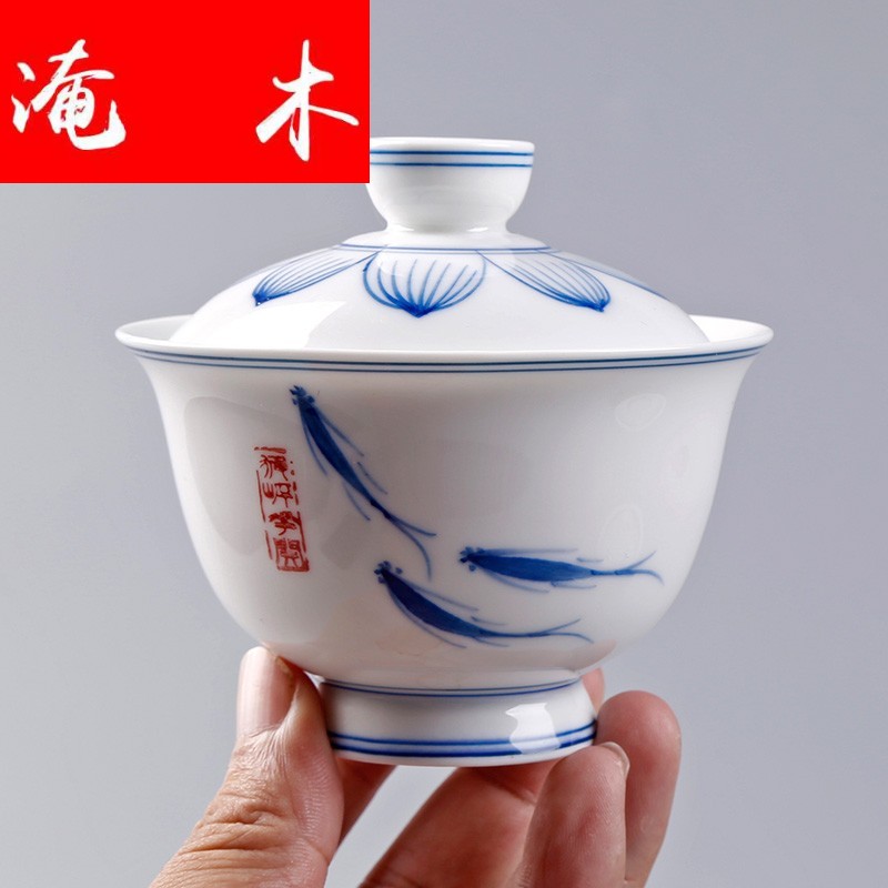 Flooded wooden thin foetus dehua white porcelain hand grasp tureen hand three blue and white porcelain cup to make tea household kung fu tea set