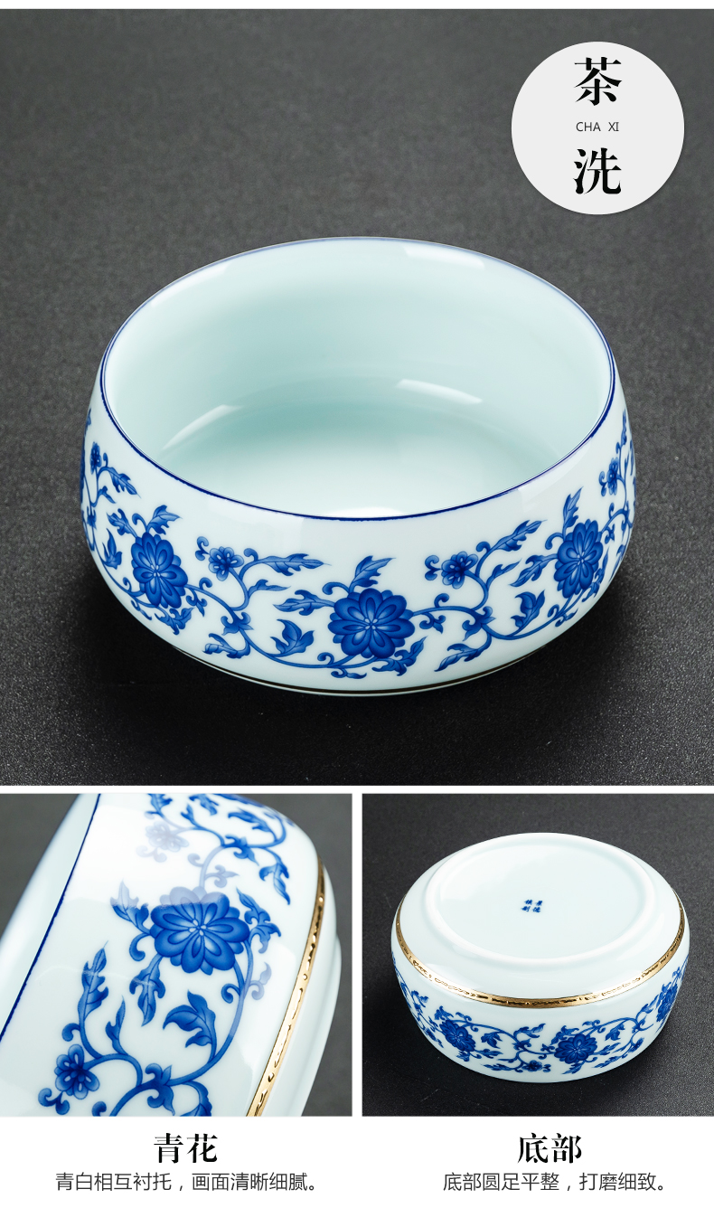 NiuRen blue and white porcelain tea set suit household whole semi - automatic creative stone mill lazy kung fu tea tea cups